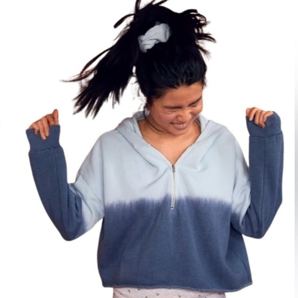 Aerie Blue Fleece of Mind Ombre Dye Cropped Oversized Hoodie Size XS